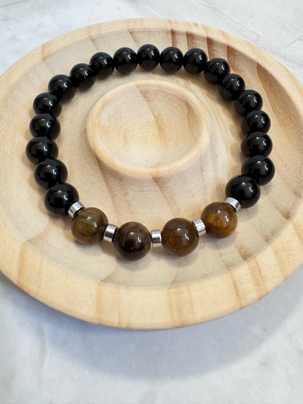 🆕Men’s Black Onyx & Tiger's Eye Beaded Bracelet Strength and Protection Stretch
